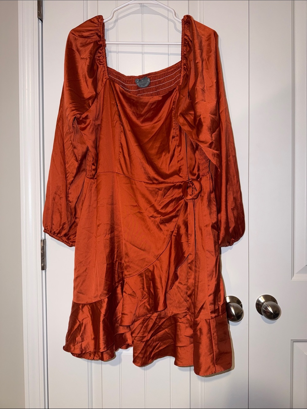 Arula Rust Orange Satin Puff-Sleeve Women’s Top